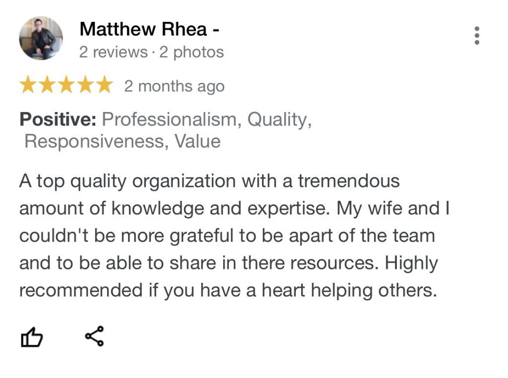 A top quality organization with a tremendous amount of knowledge and expertise. My wife and I couldn't be more grateful to be apart of the team and to be able to share in there resources. Highly recommended if you have a heart helping others.